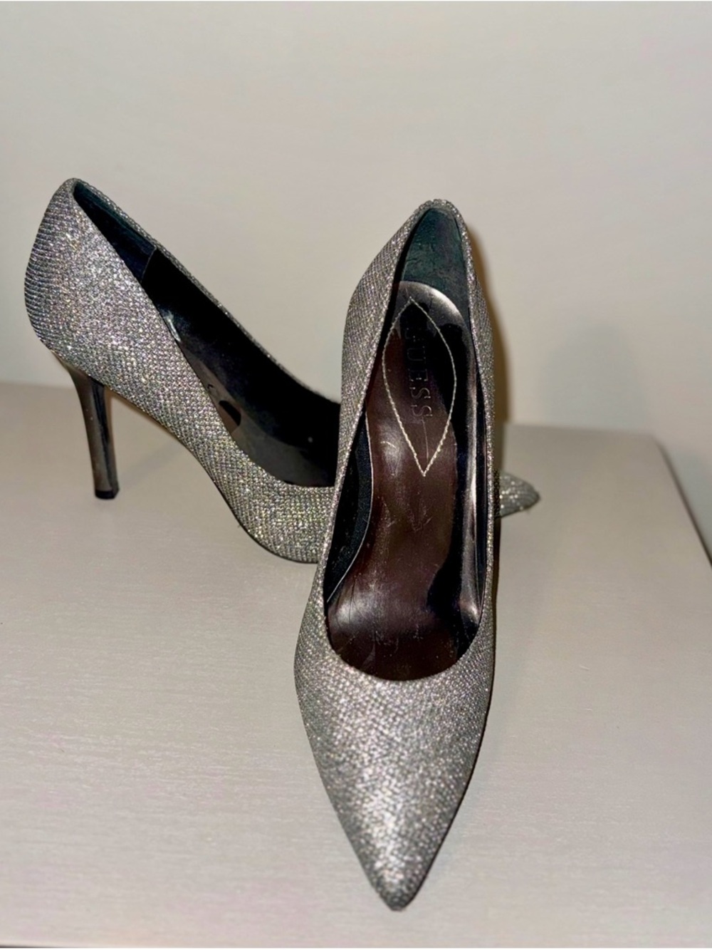 Guess Silver Glitter Pointed-Toe Pumps with Stiletto Heel